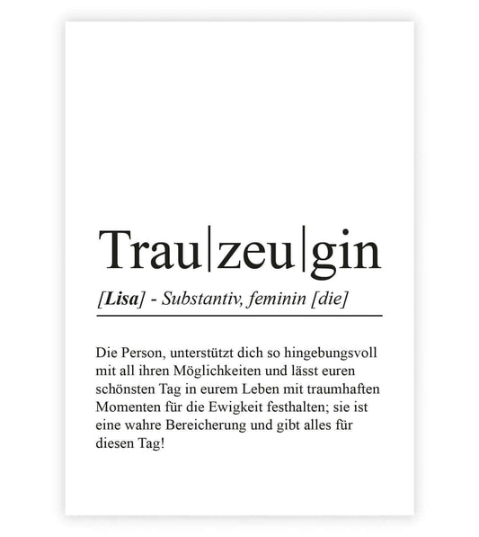 Personalisiertes Bild "Definition" - TRAUZEUGIN, Bildgröße: 13x18cm, DIN A4, DIN A3, Bilderrahmen: Ohne Bilderrahmen, Bilderrahmen weiß, Bilderrahmen schwarz, Bilderrahmen weiß mit Passepartout, Bilderrahmen schwarz mit Passepartout, Copyright: 321geschen