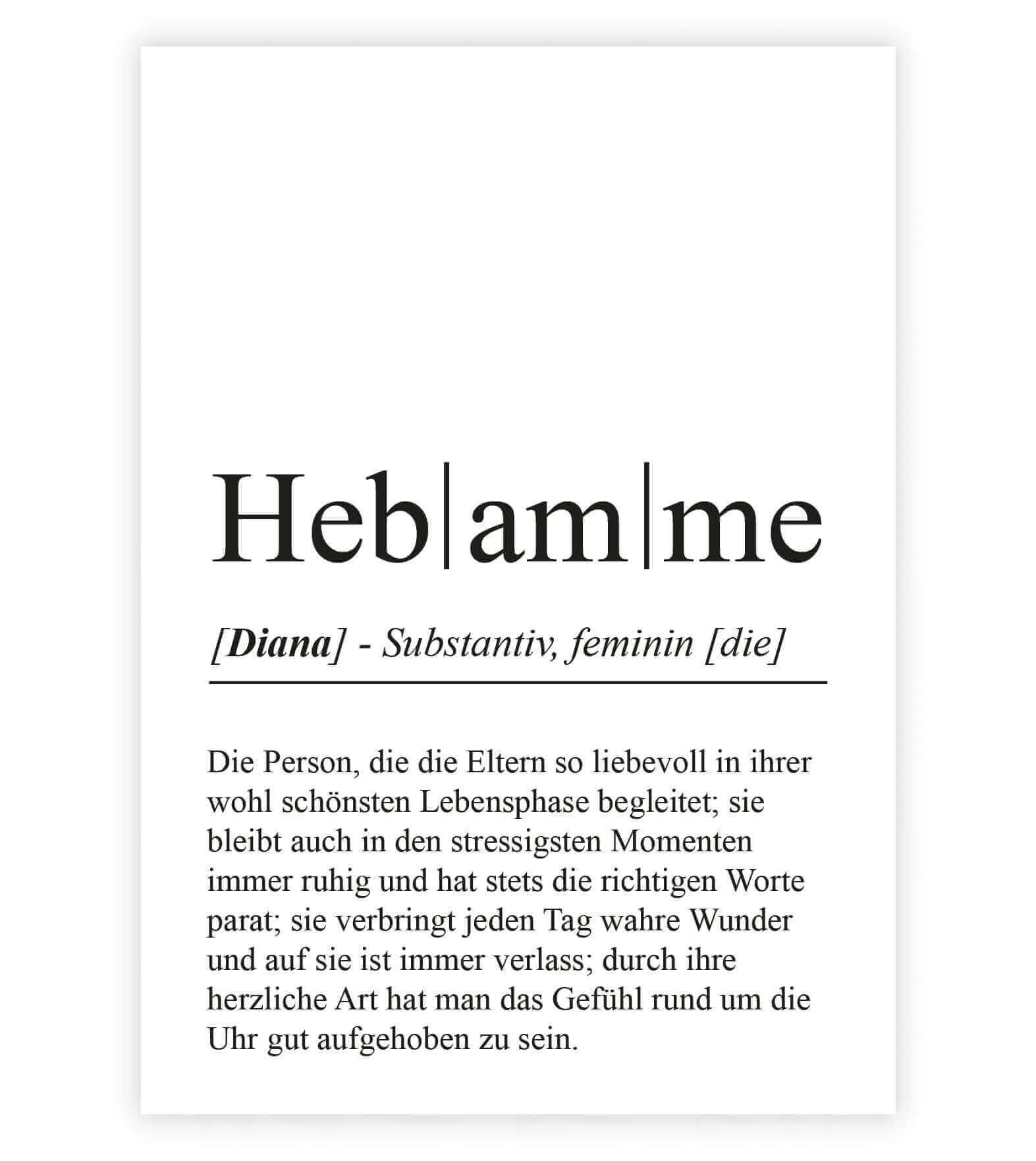 Personalisiertes Bild "Definition" - HEBAMME, Bildgröße: 13x18cm, DIN A4, DIN A3, Bilderrahmen: Ohne Bilderrahmen, Bilderrahmen weiß, Bilderrahmen schwarz, Bilderrahmen weiß mit Passepartout, Bilderrahmen schwarz mit Passepartout, Copyright: 321geschenke.