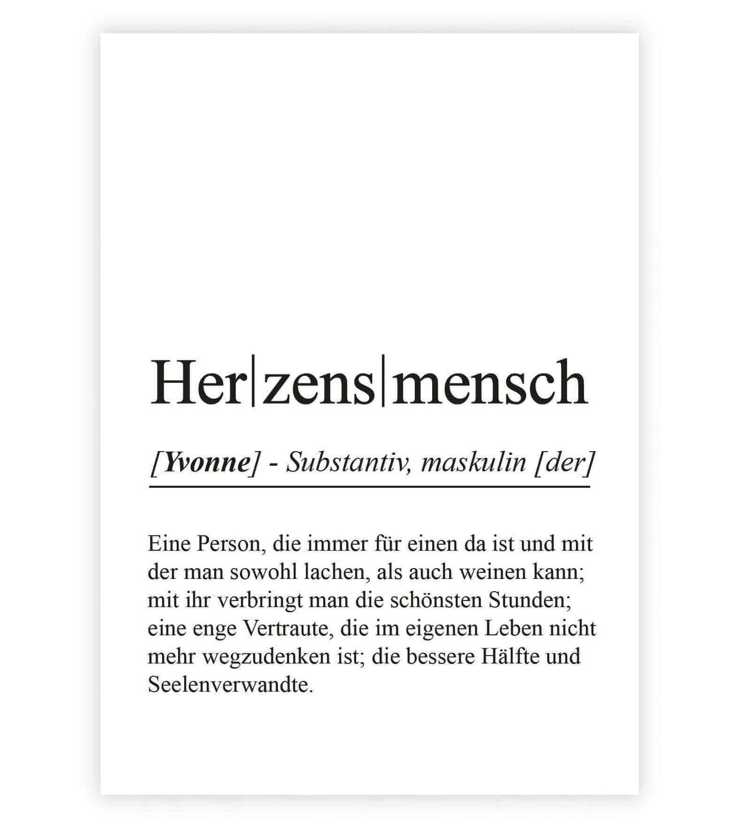 Personalisiertes Bild "Definition" - HERZENSMENSCH, Bildgröße: 13x18cm, DIN A4, DIN A3, Bilderrahmen: Ohne Bilderrahmen, Bilderrahmen weiß, Bilderrahmen schwarz, Bilderrahmen weiß mit Passepartout, Bilderrahmen schwarz mit Passepartout, Copyright: 321gesc