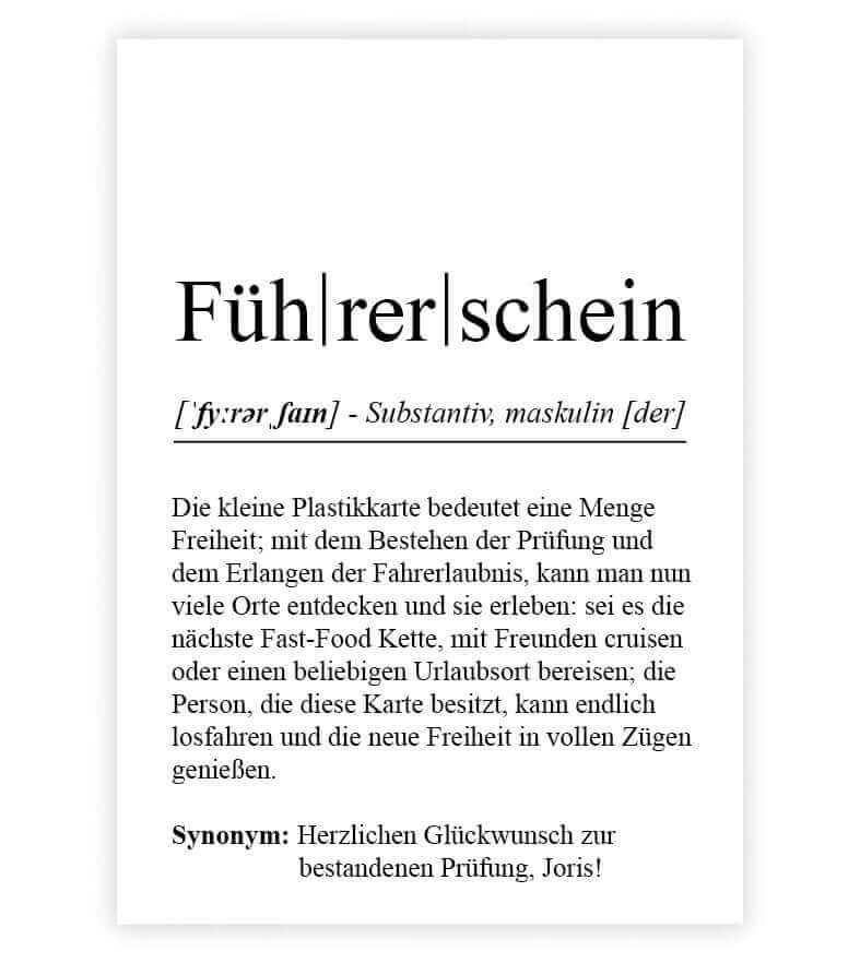 Personalisiertes Bild "Definition" - FÜHRERSCHEIN, Bildgröße: 13x18cm, DIN A4, DIN A3, Bilderrahmen: Ohne Bilderrahmen, Bilderrahmen weiß, Bilderrahmen schwarz, Bilderrahmen weiß mit Passepartout, Bilderrahmen schwarz mit Passepartout, Copyright: 321gesch