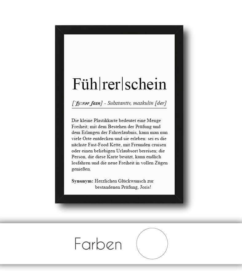 Personalisiertes Bild "Definition" - FÜHRERSCHEIN, Bildgröße: 13x18cm, DIN A4, DIN A3, Bilderrahmen: Ohne Bilderrahmen, Bilderrahmen weiß, Bilderrahmen schwarz, Bilderrahmen weiß mit Passepartout, Bilderrahmen schwarz mit Passepartout, Copyright: 321gesch