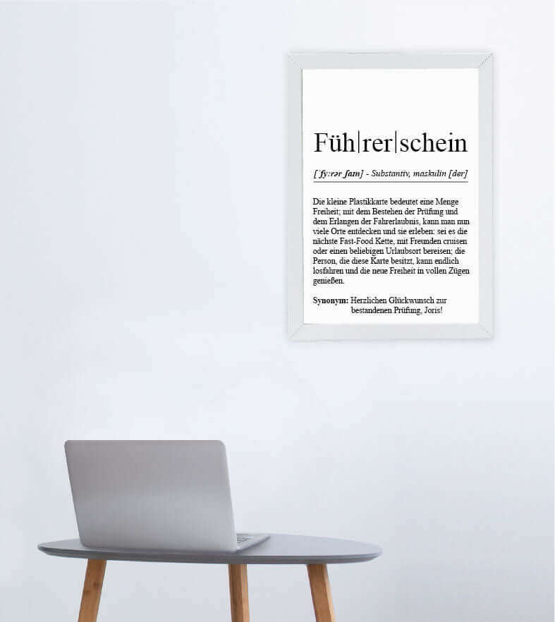 Anwendungsbild_Personalisiertes Bild "Definition" - FÜHRERSCHEIN, Bildgröße: 13x18cm, DIN A4, DIN A3, Bilderrahmen: Ohne Bilderrahmen, Bilderrahmen weiß, Bilderrahmen schwarz, Bilderrahmen weiß mit Passepartout, Bilderrahmen schwarz mit Passepartout, Copy