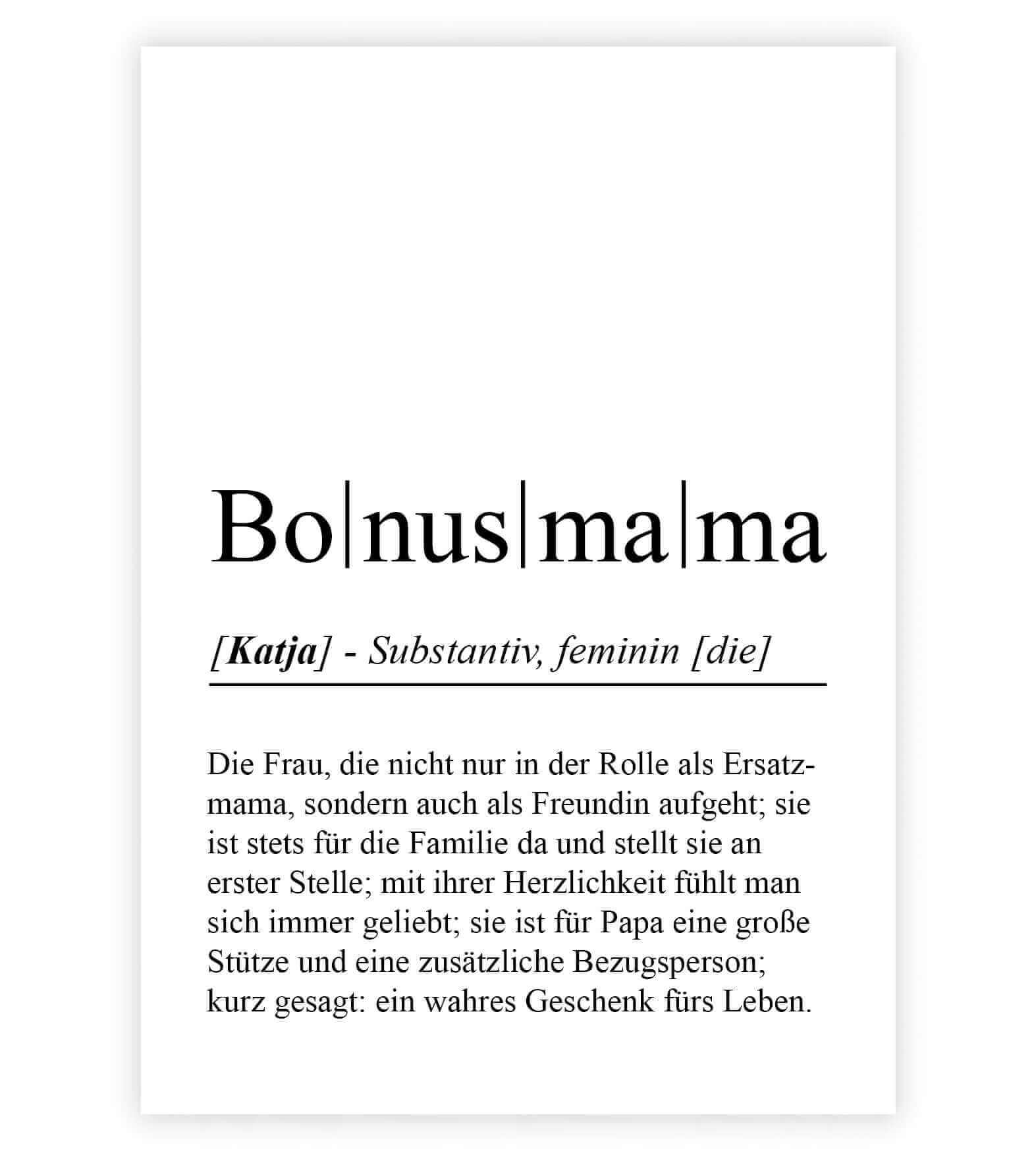 Personalisiertes Bild "Definition" - BONUSMAMA, Bildgröße: 13x18cm, DIN A4, DIN A3, Bilderrahmen: Ohne Bilderrahmen, Bilderrahmen weiß, Bilderrahmen schwarz, Bilderrahmen weiß mit Passepartout, Bilderrahmen schwarz mit Passepartout, Copyright: 321geschenk