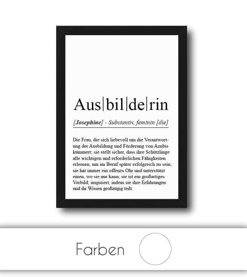 Personalisiertes Bild “Definition AUSBILDERIN”, Bildfarbe: Weiß, Bildgröße: 13x18cm, DIN A4, DIN A3, Bilderrahmen: Ohne Bilderrahmen, Bilderrahmen weiß ohne Passepartout, Bilderrahmen schwarz ohne Passepartout, Bilderrahmen weiß mit Passepartout, Bilderrahmen schwarz mit Passepartout, Copyright:321geschenke.de