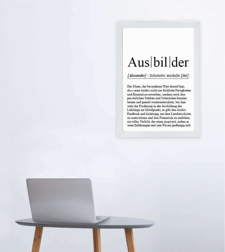 Anwendungsbild_Personalisiertes Bild “Definition AUSBILDER”, Bildfarbe: Weiß, Bildgröße: 13x18cm, DIN A4, DIN A3, Bilderrahmen: Ohne Bilderrahmen, Bilderrahmen weiß ohne Passepartout, Bilderrahmen schwarz ohne Passepartout, Bilderrahmen weiß mit Passepartout, Bilderrahmen schwarz mit Passepartout, Copyright:321geschenke.de