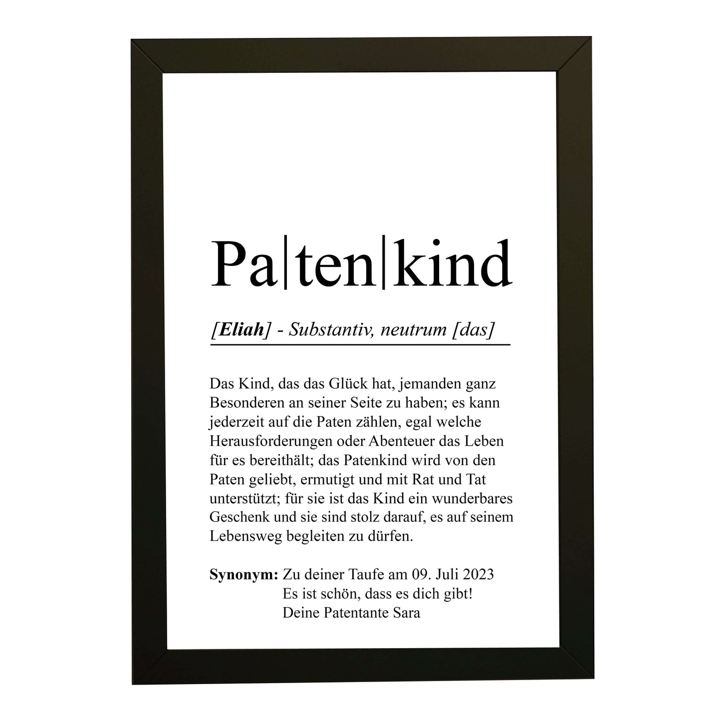 Personalisiertes Bild “Definition PATENKIND”, Bildfarbe: Weiß, Bildgröße: 13x18cm, DIN A4, DIN A3, Bilderrahmen: Bilderrahmen schwarz ohne Passepartout, Copyright:321geschenke.de