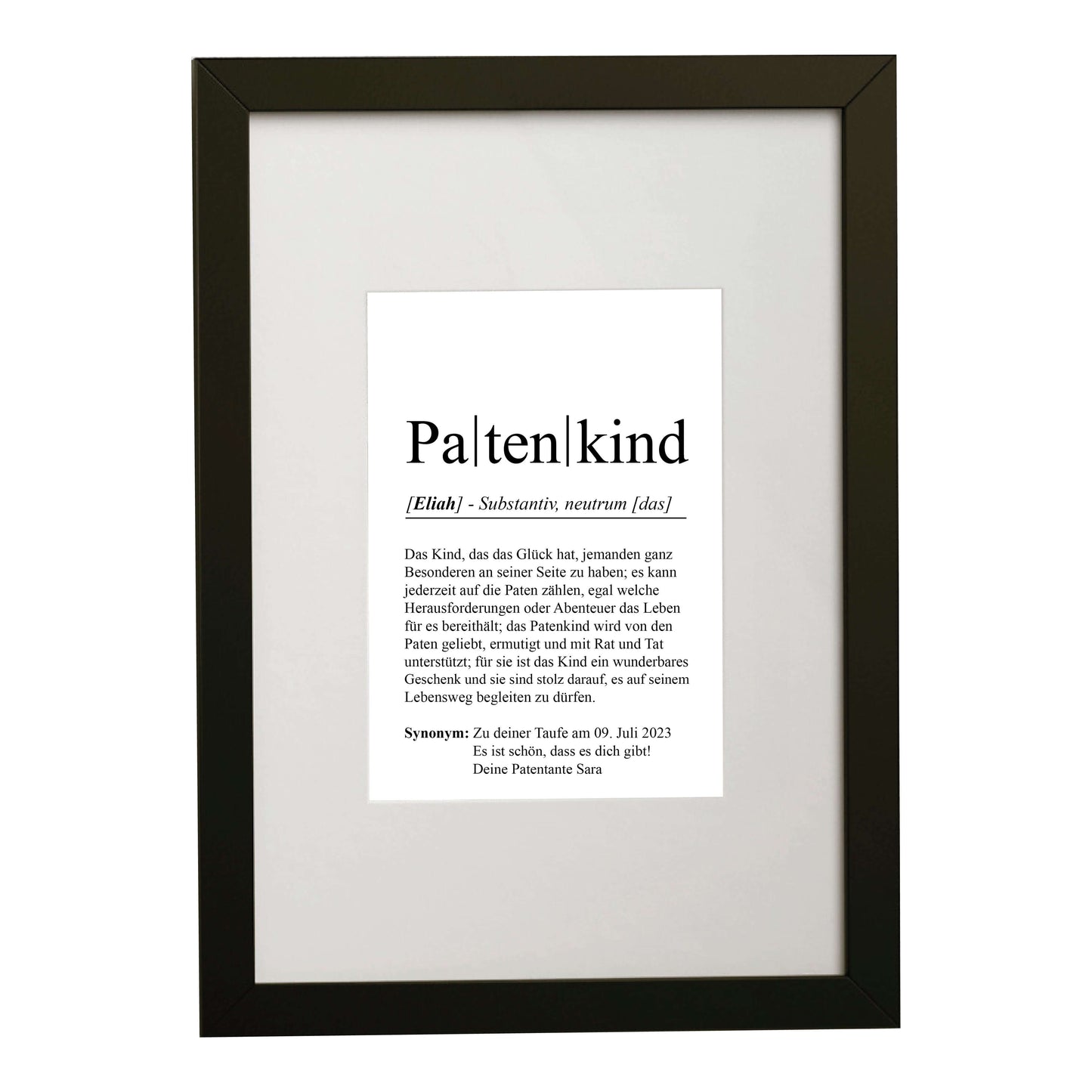 Personalisiertes Bild “Definition PATENKIND”, Bildfarbe: Weiß, Bildgröße: 13x18cm, DIN A4, DIN A3, Bilderrahmen: Bilderrahmen schwarz mit Passepartout, Copyright:321geschenke.de