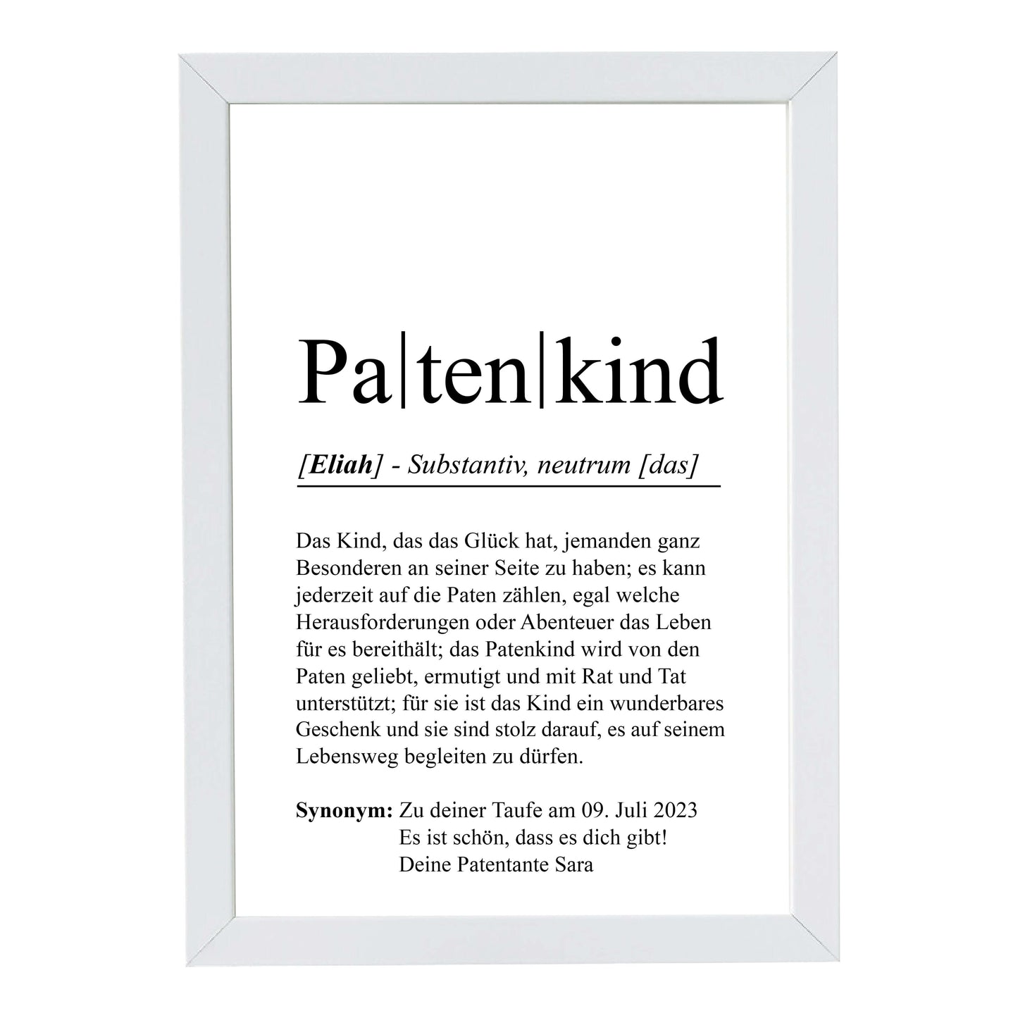 Personalisiertes Bild “Definition PATENKIND”, Bildfarbe: Weiß, Bildgröße: 13x18cm, DIN A4, DIN A3, Bilderrahmen: Bilderrahmen weiß ohne Passepartout, Copyright:321geschenke.de