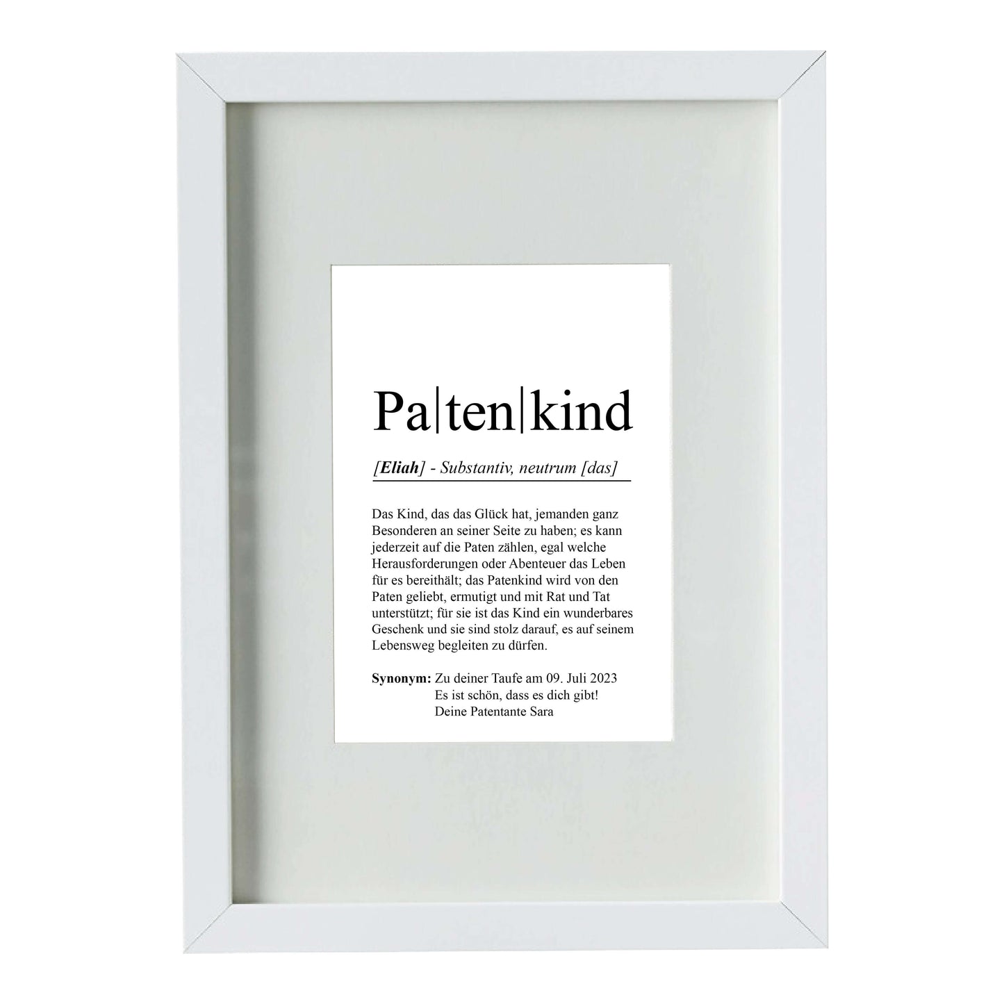 Personalisiertes Bild “Definition PATENKIND”, Bildfarbe: Weiß, Bildgröße: 13x18cm, DIN A4, DIN A3, Bilderrahmen: Bilderrahmen weiß mit Passepartout, Copyright:321geschenke.de