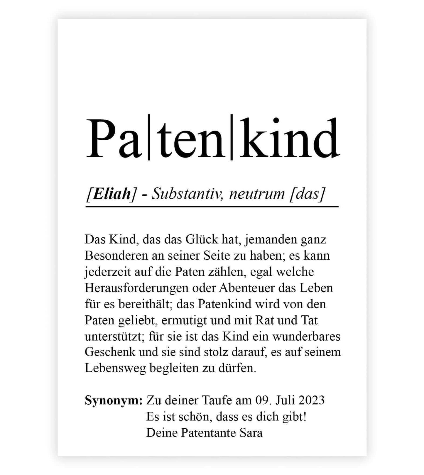 Personalisiertes Bild "Definition" - PATENKIND, Bildgröße: 13x18cm, DIN A4, DIN A3, Bilderrahmen: Ohne Bilderrahmen, Bilderrahmen weiß, Bilderrahmen schwarz, Bilderrahmen weiß mit Passepartout, Bilderrahmen schwarz mit Passepartout, Copyright: 321geschenk
