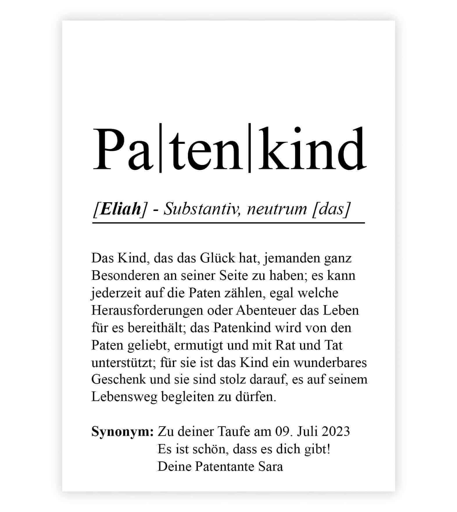 Personalisiertes Bild "Definition" - PATENKIND, Bildgröße: 13x18cm, DIN A4, DIN A3, Bilderrahmen: Ohne Bilderrahmen, Bilderrahmen weiß, Bilderrahmen schwarz, Bilderrahmen weiß mit Passepartout, Bilderrahmen schwarz mit Passepartout, Copyright: 321geschenk