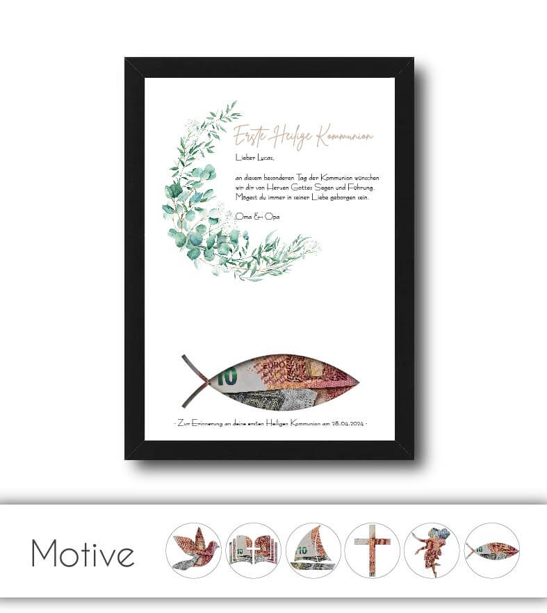 Geldgeschenk "grüner Kranz" zur Kommunion / Firmung / Konfirmation, Motiv: FISCH , konturgeschnitten, Bildgröße: 13x18cm, DIN A4, DIN A3, Bilderrahmen: ohne Bilderrahmen, Bilderrahmen weiß, Bilderrahmen schwarz, Bilderrahmen weiß mit Passepartout, Bilderr