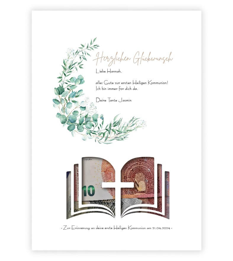 Geldgeschenk "grüner Kranz" zur Kommunion / Firmung / Konfirmation, Motiv: BIBEL, konturgeschnitten, Bildgröße: 13x18cm, DIN A4, DIN A3, Bilderrahmen: ohne Bilderrahmen, Copyright: 321geschenke.de