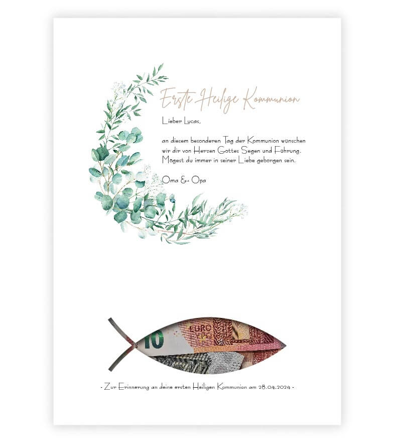 Geldgeschenk "grüner Kranz" zur Kommunion / Firmung / Konfirmation, Motiv: FISCH, konturgeschnitten, Bildgröße: 13x18cm, DIN A4, DIN A3, Bilderrahmen: ohne Bilderrahmen, Copyright: 321geschenke.de