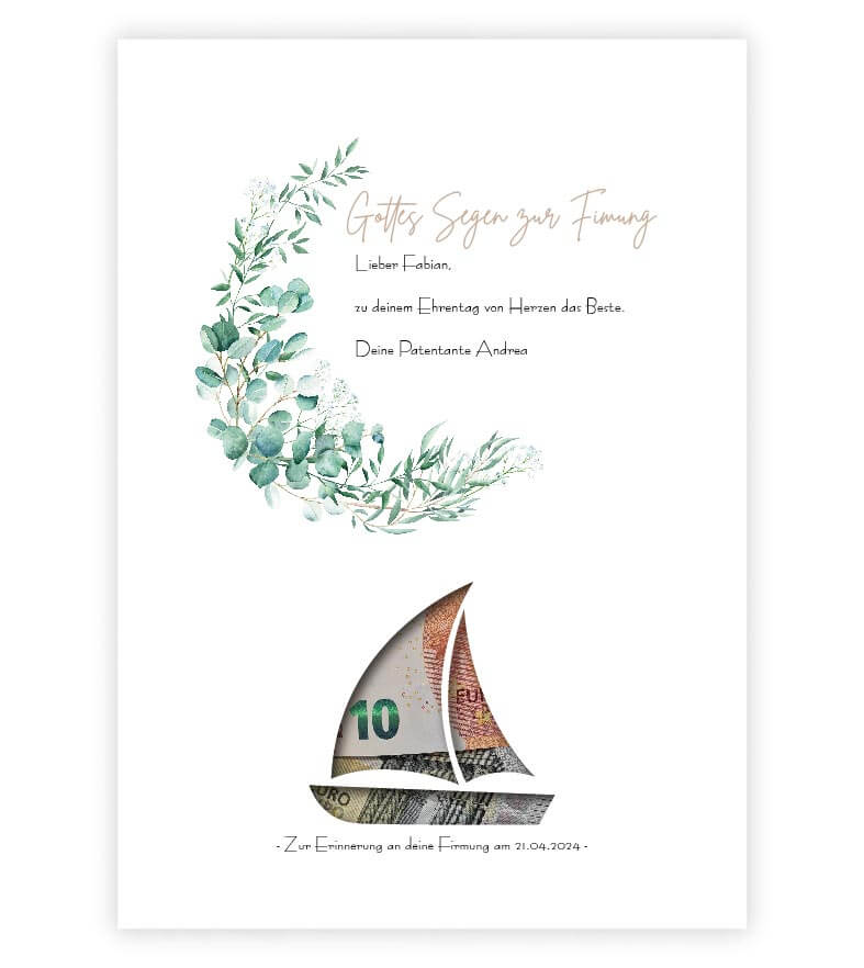 Geldgeschenk "grüner Kranz" zur Kommunion / Firmung / Konfirmation, Motiv: SCHIFF, konturgeschnitten, Bildgröße: 13x18cm, DIN A4, DIN A3, Bilderrahmen: ohne Bilderrahmen, Copyright: 321geschenke.de