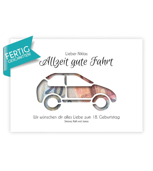 Geldgeschenk "Führerschein" Auto, konturgeschnitten, Bildgröße: 13x18cm, DIN A4, DIN A3, Bilderrahmen: Ohne Bilderrahmen, Bilderrahmen weiß ohne Passepartout, Bilderrahmen schwarz ohne Passepartout, Bilderrahmen weiß mit Passepartout, Bilderrahmen schwarz