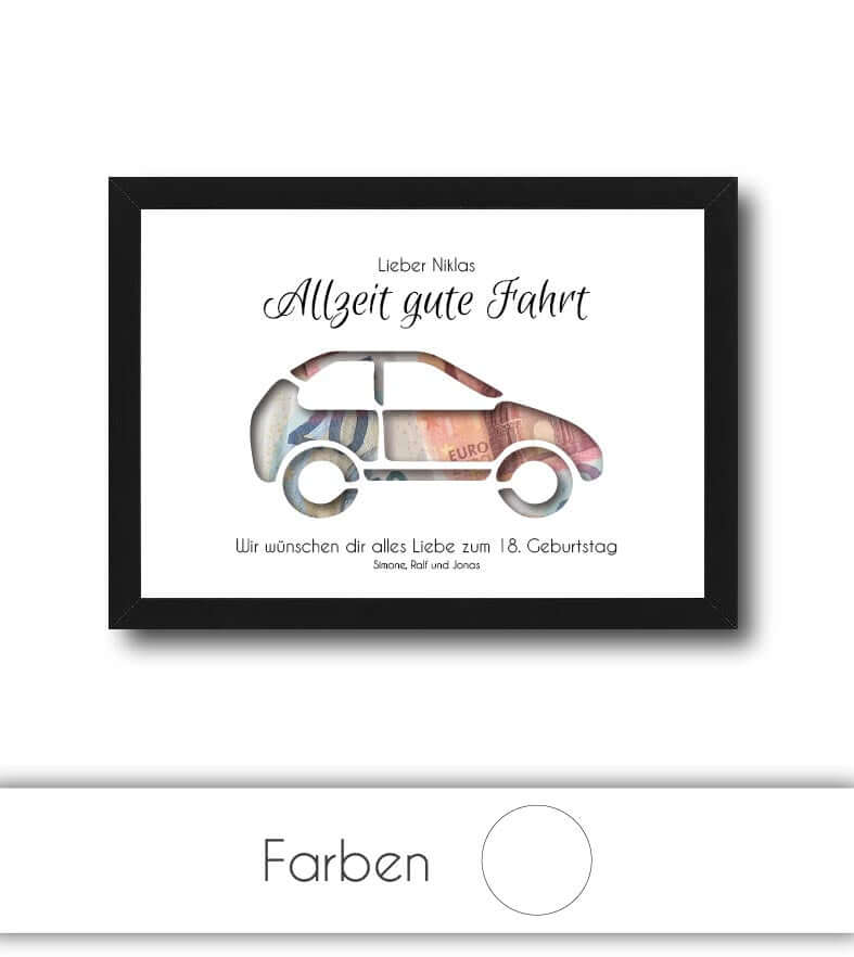Geldgeschenk "Führerschein" Auto, konturgeschnitten, Bildgröße: 13x18cm, DIN A4, DIN A3, Bilderrahmen: Ohne Bilderrahmen, Bilderrahmen weiß ohne Passepartout, Bilderrahmen schwarz ohne Passepartout, Bilderrahmen weiß mit Passepartout, Bilderrahmen schwarz