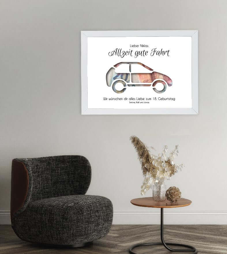 Anwendungsbild_Geldgeschenk "Führerschein" Auto, konturgeschnitten, Bildgröße: 13x18cm, DIN A4, DIN A3, Bilderrahmen: Ohne Bilderrahmen, Bilderrahmen weiß ohne Passepartout, Bilderrahmen schwarz ohne Passepartout, Bilderrahmen weiß mit Passepartout, Bilde