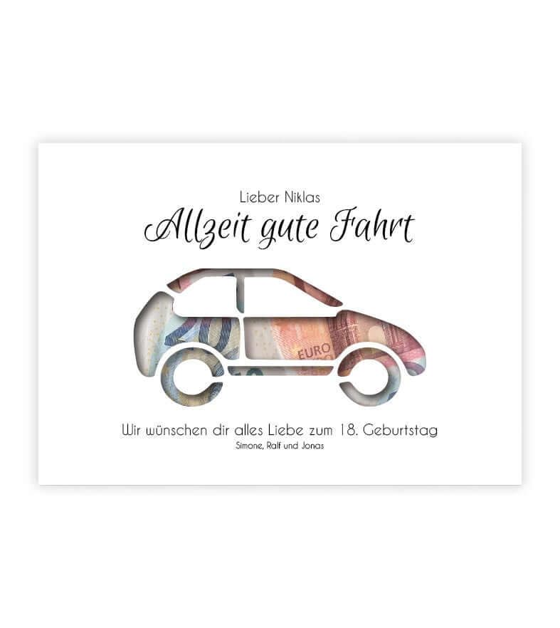 Geldgeschenk "Führerschein" Auto, konturgeschnitten, Bildgröße: 13x18cm, DIN A4, DIN A3, Bilderrahmen: Ohne Bilderrahmen, Copyright: 321geschenke.de