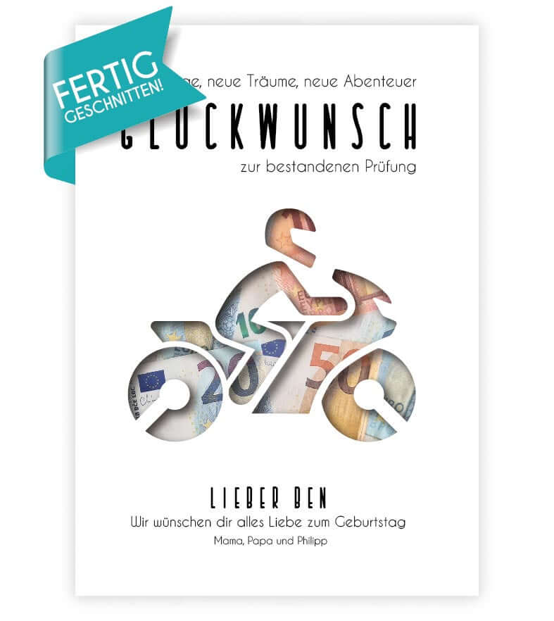 Geldgeschenk "Führerschein" Motorrad, konturgeschnitten, Bildgröße: 13x18cm, DIN A4, DIN A3, Bilderrahmen: Ohne Bilderrahmen, Bilderrahmen weiß ohne Passepartout, Bilderrahmen schwarz ohne Passepartout, Bilderrahmen weiß mit Passepartout, Bilderrahmen sch