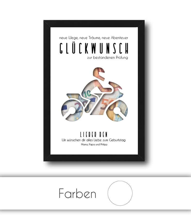 Geldgeschenk "Führerschein" Motorrad, konturgeschnitten, Bildgröße: 13x18cm, DIN A4, DIN A3, Bilderrahmen: Ohne Bilderrahmen, Bilderrahmen weiß ohne Passepartout, Bilderrahmen schwarz ohne Passepartout, Bilderrahmen weiß mit Passepartout, Bilderrahmen sch