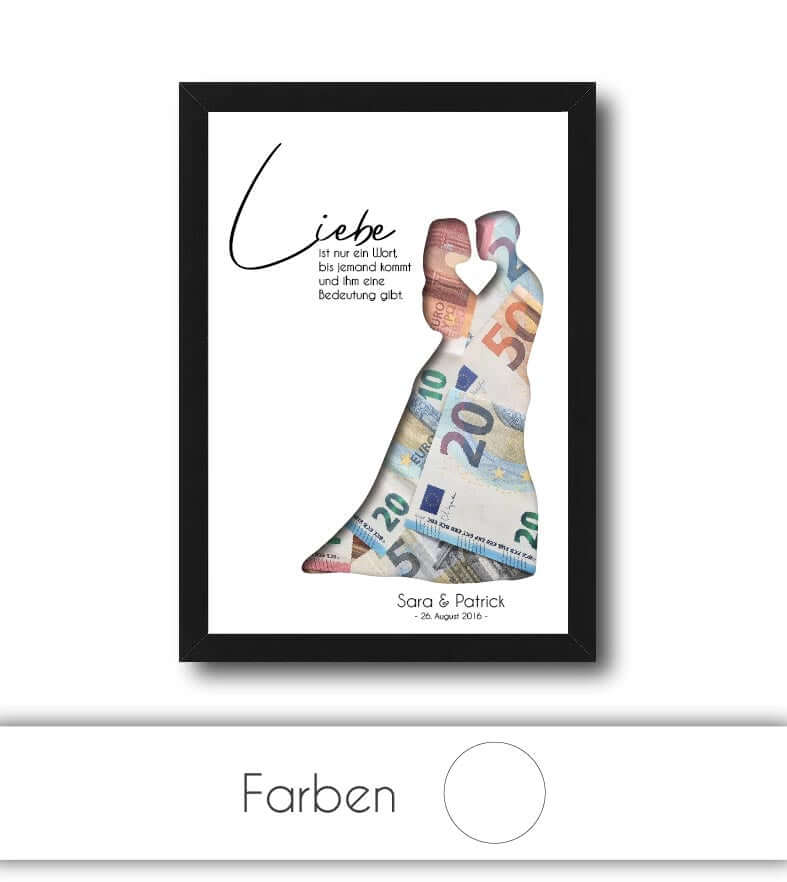 Geldgeschenk "Brautpaar", konturgeschnitten, Bildgröße: 13x18cm, DIN A4, DIN A3, Bilderrahmen: ohne Bilderrahmen, Bilderrahmen weiß, Bilderrahmen schwarz, Bilderrahmen weiß mit Passepartout, Bilderrahmen schwarz mit Passepartout, Copyright: 321geschenke.d