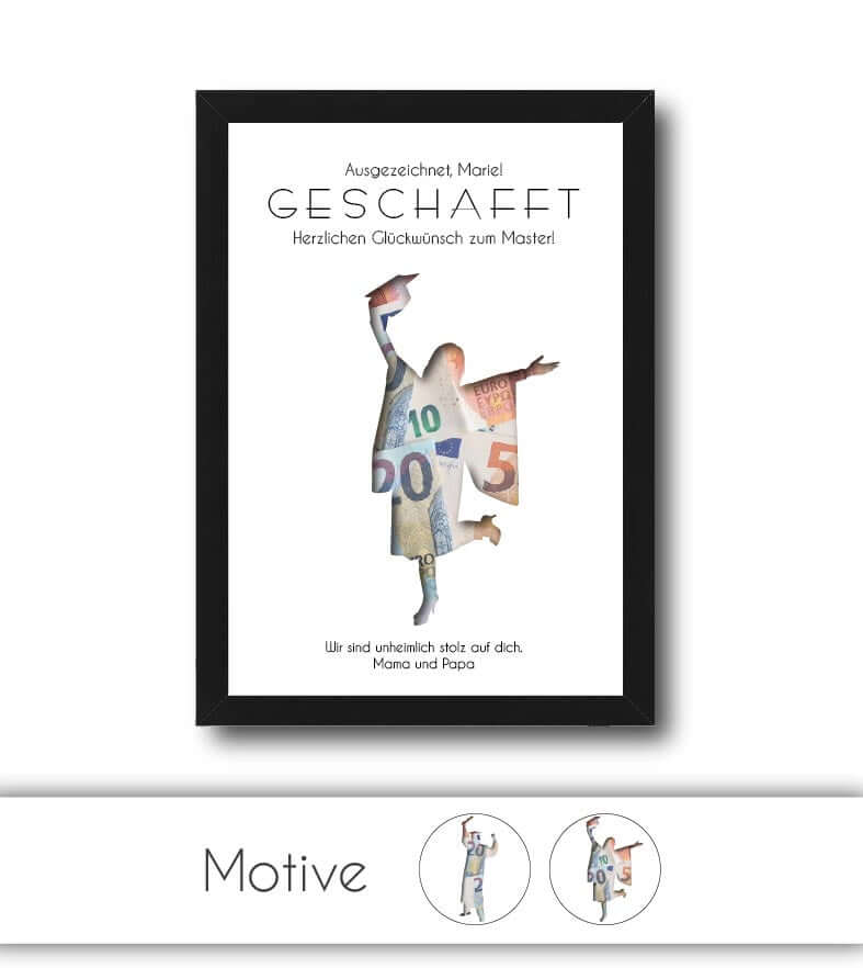 Geldgeschenk "Bachelor & Master" bestanden, Bildgröße: 13x18cm, DIN A4, DIN A3, Bilderrahmen: Ohne Bilderrahmen, Bilderrahmen weiß ohne Passepartout, Bilderrahmen schwarz ohne Passepartout, Bilderrahmen weiß mit Passepartout, Bilderrahmen schwarz mit Pass