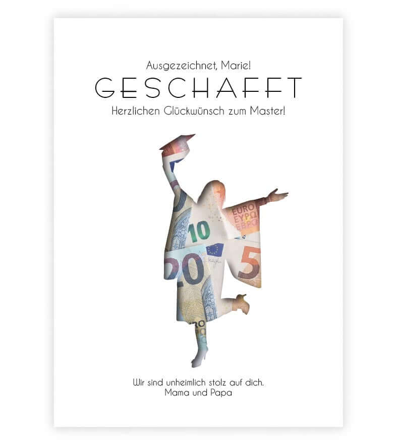 Geldgeschenk "Bachelor & Master" bestanden, Motiv: FRAU, Bildgröße: 13x18cm, DIN A4, DIN A3, Bilderrahmen: Ohne Bilderrahmen, Bilderrahmen weiß ohne Passepartout, Bilderrahmen schwarz ohne Passepartout, Bilderrahmen weiß mit Passepartout, Bilderrahmen sch