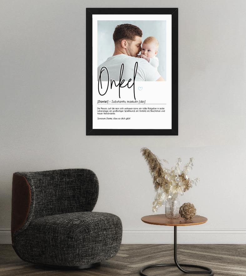 Anwendungsbild_Personalisiertes Foto-Poster "ONKEL" mit Definition, Bildgröße: 13x18cm, DIN A4, DIN A3, Bilderrahmen: Ohne Bilderrahmen, Bilderrahmen weiß, Bilderrahmen schwarz, Bilderrahmen weiß mit Passepartout, Bilderrahmen schwarz mit Passepartout, Co