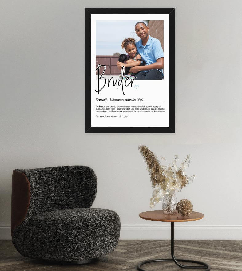 Anwendungsbild_Personalisiertes Foto-Poster "BRUDER" mit Definition, Bildgröße: 13x18cm, DIN A4, DIN A3, Bilderrahmen: Ohne Bilderrahmen, Bilderrahmen weiß, Bilderrahmen schwarz, Bilderrahmen weiß mit Passepartout, Bilderrahmen schwarz mit Passepartout, C