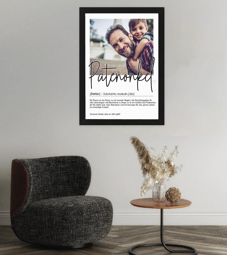 Anwendungsbild_Personalisiertes Foto-Poster "PATENONKEL" mit Definition, Bildgröße: 13x18cm, DIN A4, DIN A3, Bilderrahmen: Ohne Bilderrahmen, Bilderrahmen weiß, Bilderrahmen schwarz, Bilderrahmen weiß mit Passepartout, Bilderrahmen schwarz mit Passepartou