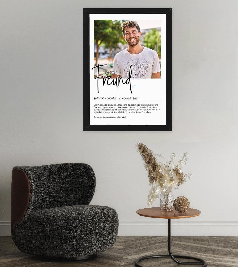 Anwendungsbild_Personalisiertes Foto-Poster "BESTER FREUND" mit Definition, Bildgröße: 13x18cm, DIN A4, DIN A3, Bilderrahmen: Ohne Bilderrahmen, Bilderrahmen weiß, Bilderrahmen schwarz, Bilderrahmen weiß mit Passepartout, Bilderrahmen schwarz mit Passepar