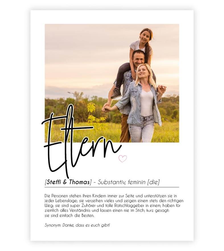 Personalisiertes Foto-Poster "Eltern" mit Definition, Bildgröße: 13x18cm, DIN A4, DIN A3, Bilderrahmen: Ohne Bilderrahmen, Bilderrahmen weiß, Bilderrahmen schwarz, Bilderrahmen weiß mit Passepartout, Bilderrahmen schwarz mit Passepartout, Copyright: 321ge