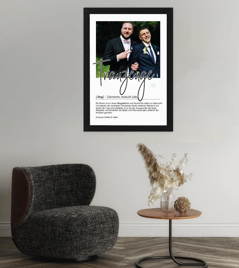 Anwendungsbild_Personalisiertes Foto-Poster "Trauzeuge" mit Definition, Bildgröße: 13x18cm, DIN A4, DIN A3, Bilderrahmen: Ohne Bilderrahmen, Bilderrahmen weiß, Bilderrahmen schwarz, Bilderrahmen weiß mit Passepartout, Bilderrahmen schwarz mit Passepartout