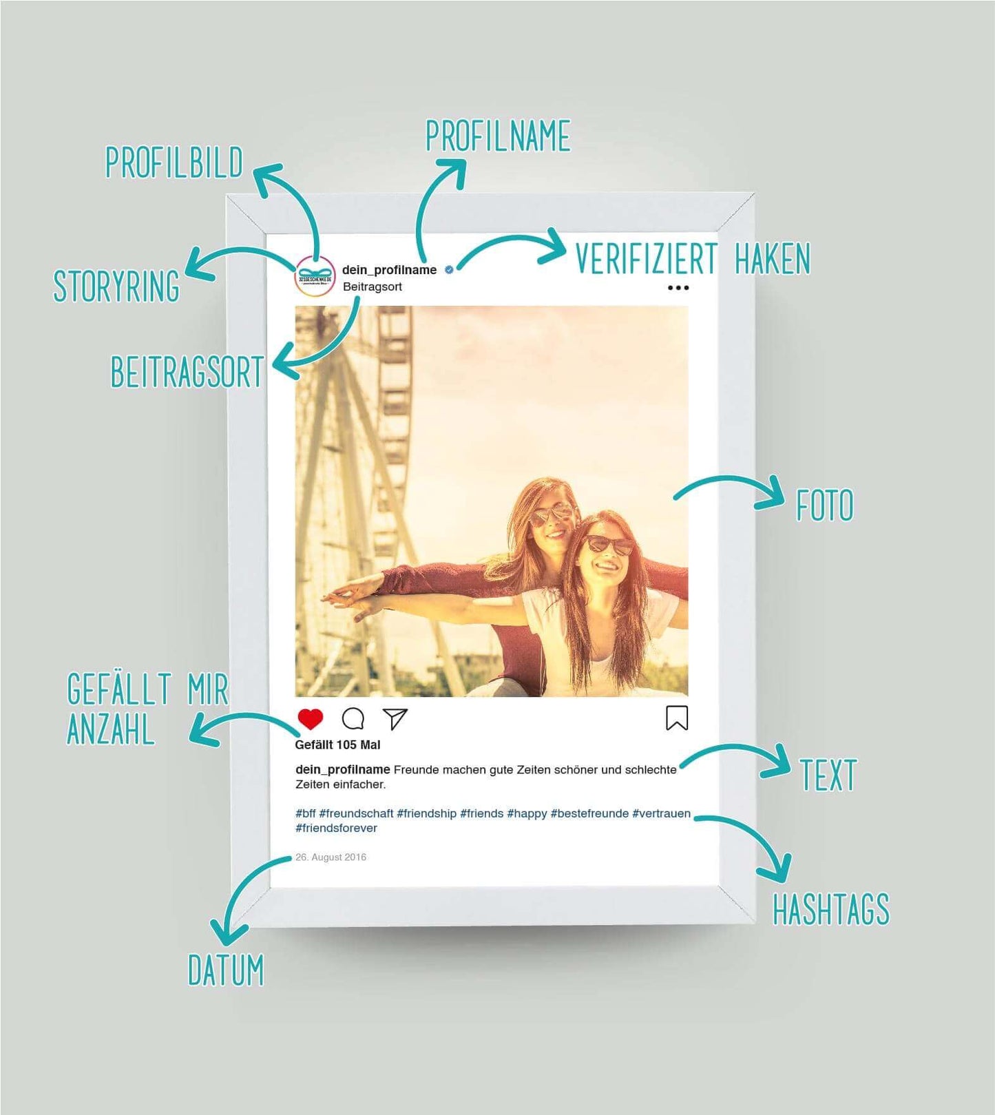 Beschriftung_Personalisiertes Bild “Instagram-Post", Bildgröße: 13x18cm, DIN A4, DIN A3, Bilderrahmen: Ohne Bilderrahmen, Bilderrahmen weiß, Bilderrahmen schwarz, Bilderrahmen weiß mit Passepartout, Bilderrahmen schwarz mit Passepartout, Copyright: 321ges