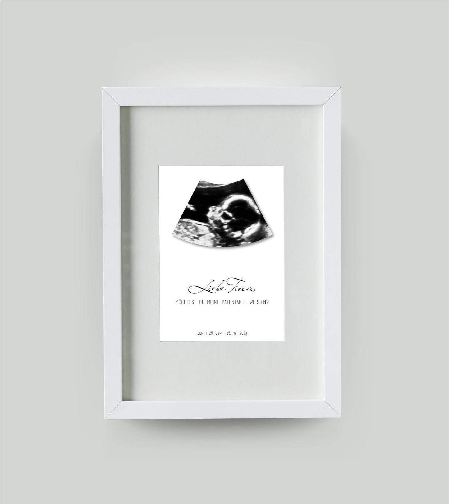 Personalisiertes Bild “Meine Patentante / Mein Patenonkel werden?”, Bildfarbe: Weiß, Bildgröße: 13x18cm, DIN A4, DIN A3, Bilderrahmen: Bilderrahmen weiß mit Passepartout, Copyright:321geschenke.de