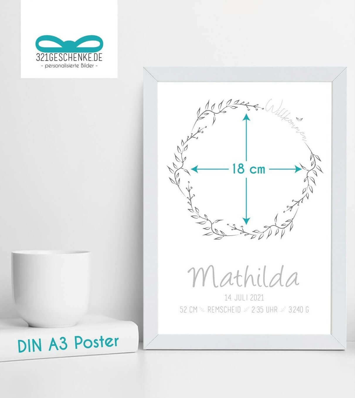 Personalisiertes Bild “Baby-Fußabdruck”, Maße Babyfuß bei DIN A3, Copyright: 321geschenke.de