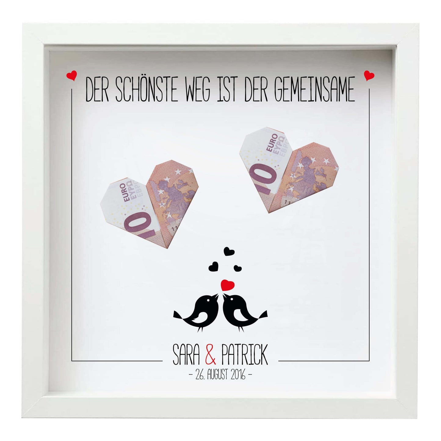 Personalisiertes Bild „Geldgeschenk” Vogelpaar mit Geld, Bildgröße: 25x25cm, Bilderrahmen: Bilderrahmen schwarz ohne Passepartout, Copyright: 321geschenke.de