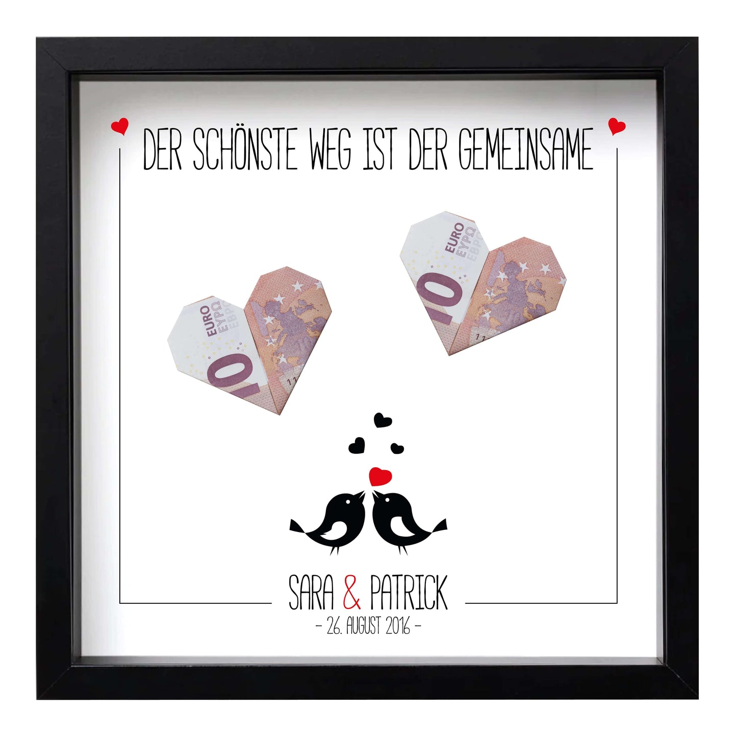 Personalisiertes Bild „Geldgeschenk” Vogelpaar, Bildgröße: 25x25cm, Bilderrahmen: Bilderrahmen schwarz ohne Passepartout, Copyright: 321geschenke.de