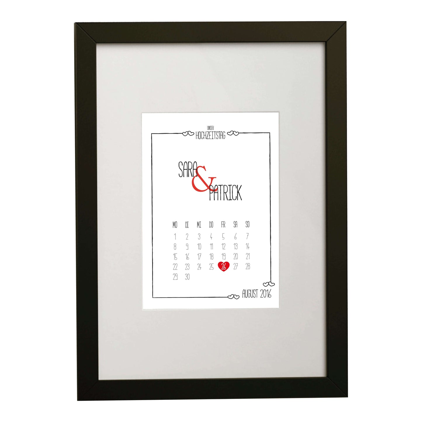 Personalisiertes Bild „Hochzeitstag” Kalender mit Datum, Variante: Variante 1, Bildgröße: DIN A4, Bilderrahmen: Bilderrahmen schwarz mit Passepartout, Copyright:321geschenke.de