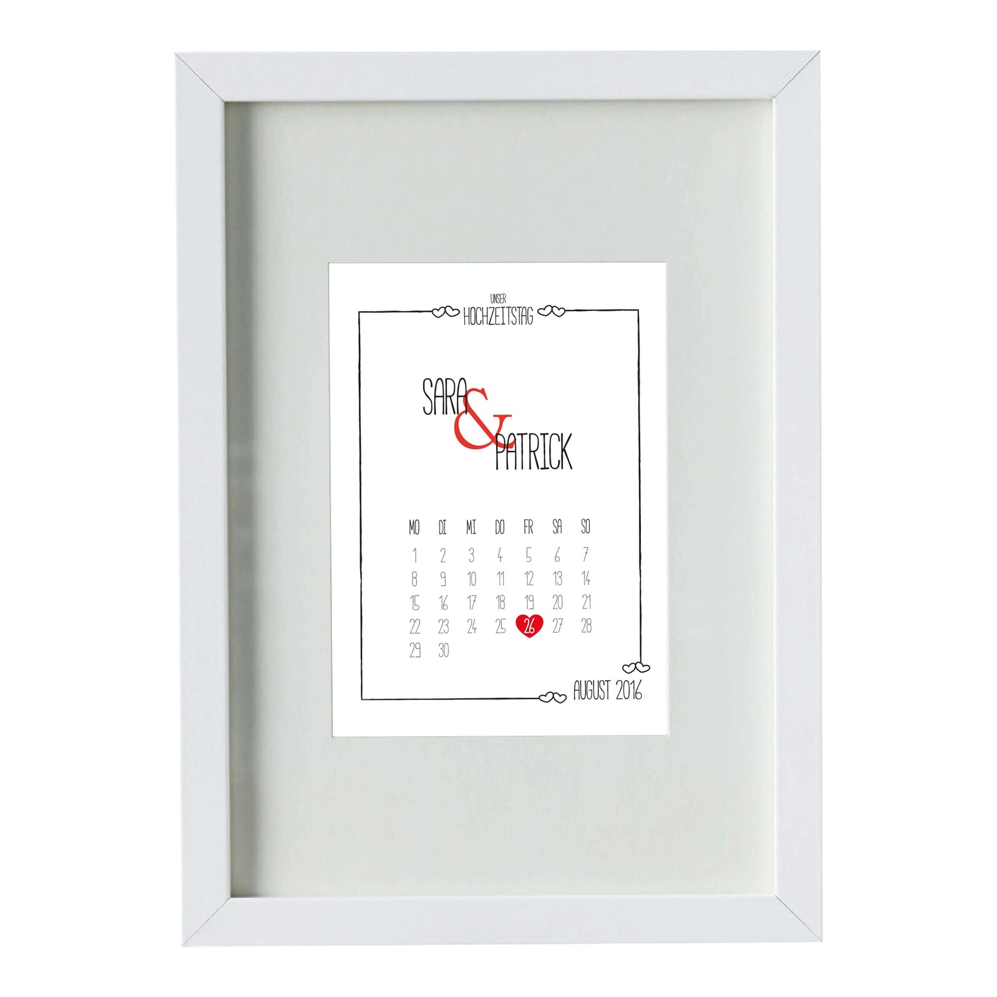 Personalisiertes Bild „Hochzeitstag” Kalender mit Datum, Variante: Variante 1, Bildgröße: DIN A4, Bilderrahmen: Bilderrahmen weiß mit Passepartout, Copyright:321geschenke.de
