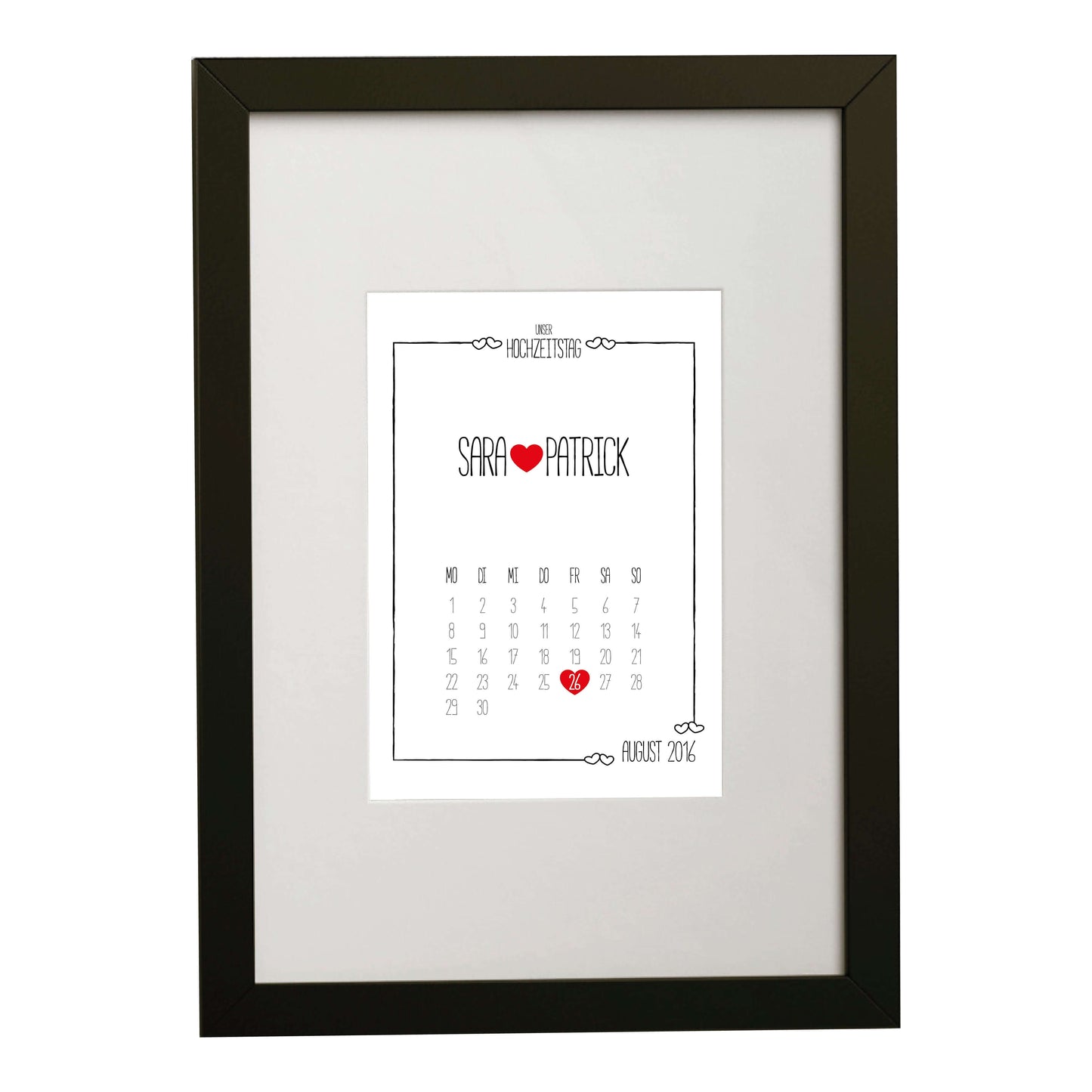 Personalisiertes Bild „Hochzeitstag” Kalender mit Datum, Variante: Variante 2, Bildgröße: DIN A4, Bilderrahmen: Bilderrahmen schwarz mit Passepartout, Copyright:321geschenke.de