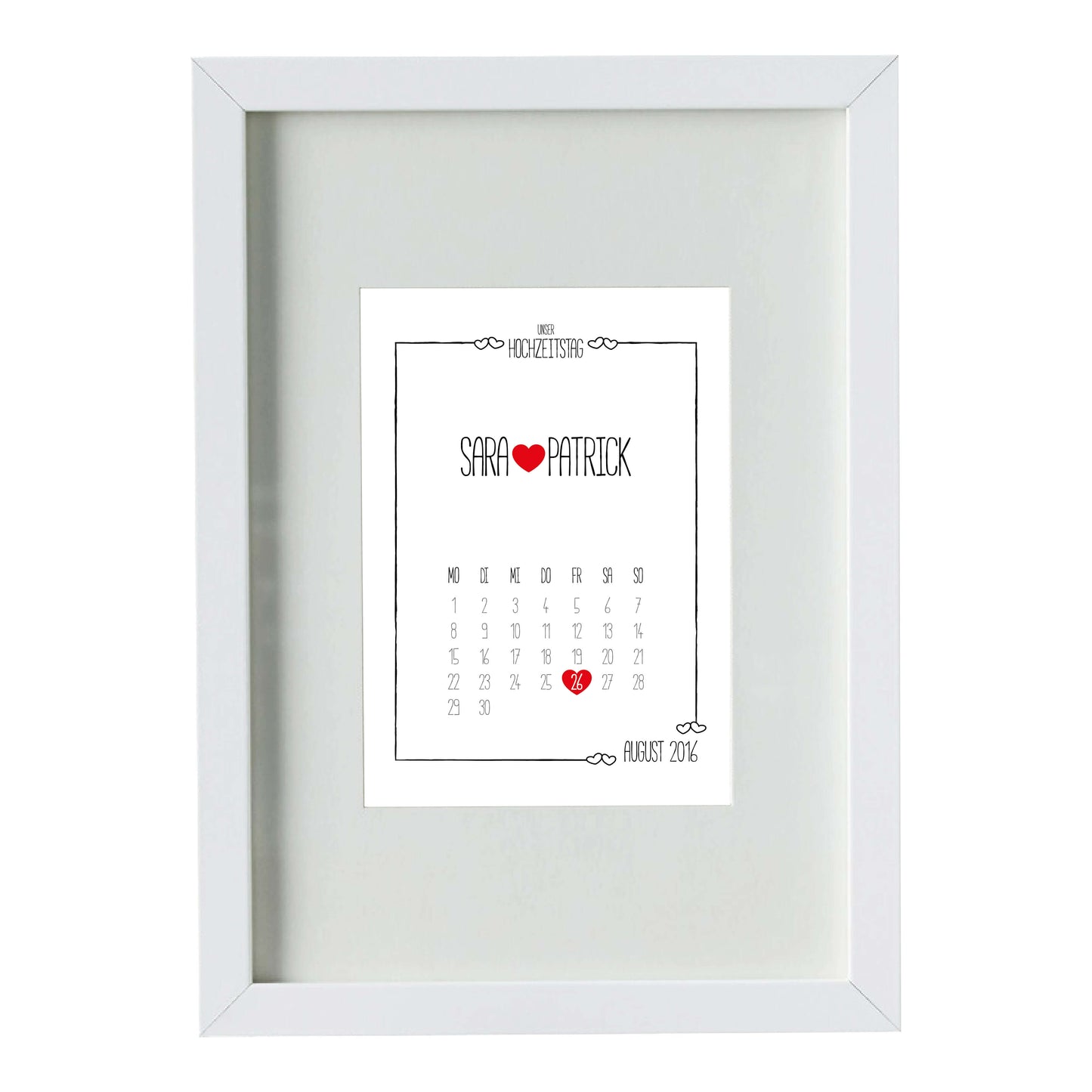 Personalisiertes Bild „Hochzeitstag” Kalender mit Datum, Variante: Variante 2, Bildgröße: DIN A4, Bilderrahmen: Bilderrahmen weiß mit Passepartout, Copyright:321geschenke.de