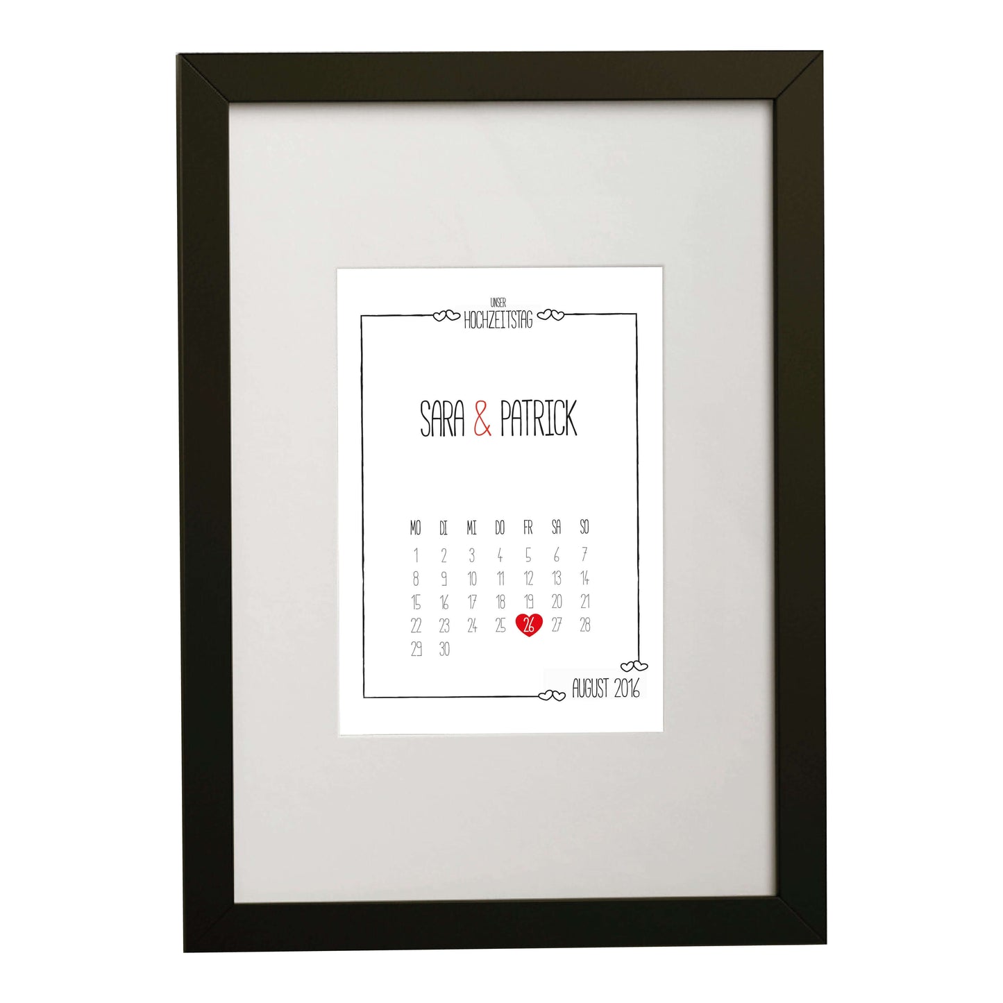 Personalisiertes Bild „Hochzeitstag” Kalender mit Datum, Variante: Variante 3, Bildgröße: DIN A4, Bilderrahmen: Bilderrahmen schwarz mit Passepartout, Copyright:321geschenke.de