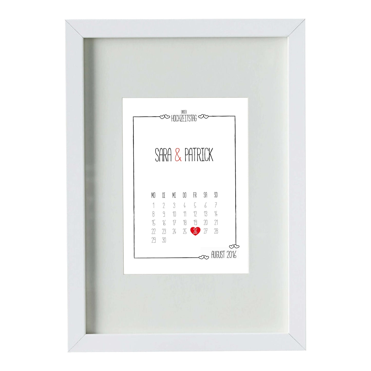 Personalisiertes Bild „Hochzeitstag” Kalender mit Datum, Variante: Variante 3, Bildgröße: DIN A4, Bilderrahmen: Bilderrahmen weiß mit Passepartout, Copyright:321geschenke.de