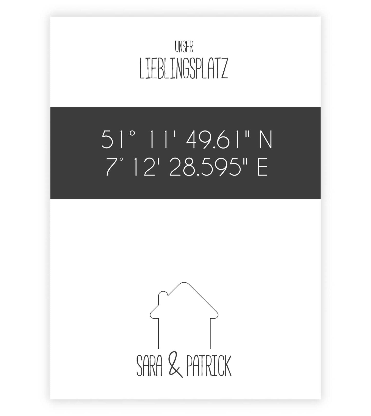 Personalisiertes Koordinaten Bild “Lieblingsort Haus”, Bildfarbe: Anthrazit/Schwarz, Bildgröße: 13x18cm, DIN A4, DIN A3, Bilderrahmen: Ohne Bilderrahmen, Copyright: 321geschenke.de
