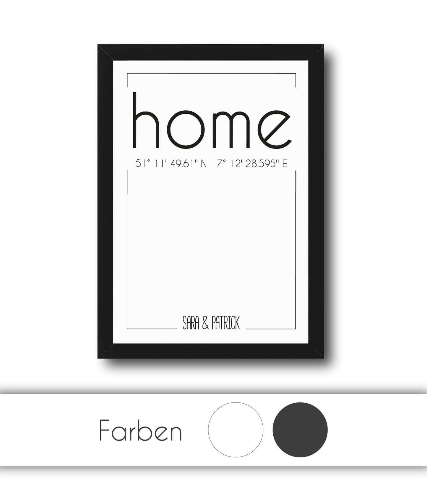 Personalisiertes Koordinaten Bild “HOME”, “FAMILIE”, “LEBEN” oder “ZUHAUSE”, Bildfarbe: Anthrazit/Schwarz, Weiß, Bildgröße: 13x18cm, DIN A4, DIN A3, Bilderrahmen: Ohne Bilderrahmen, Bilderrahmen weiß ohne Passepartout, Bilderrahmen schwarz ohne Passepartout, Bilderrahmen weiß mit Passepartout, Bilderrahmen schwarz mit Passepartout, Copyright:321geschenke.de