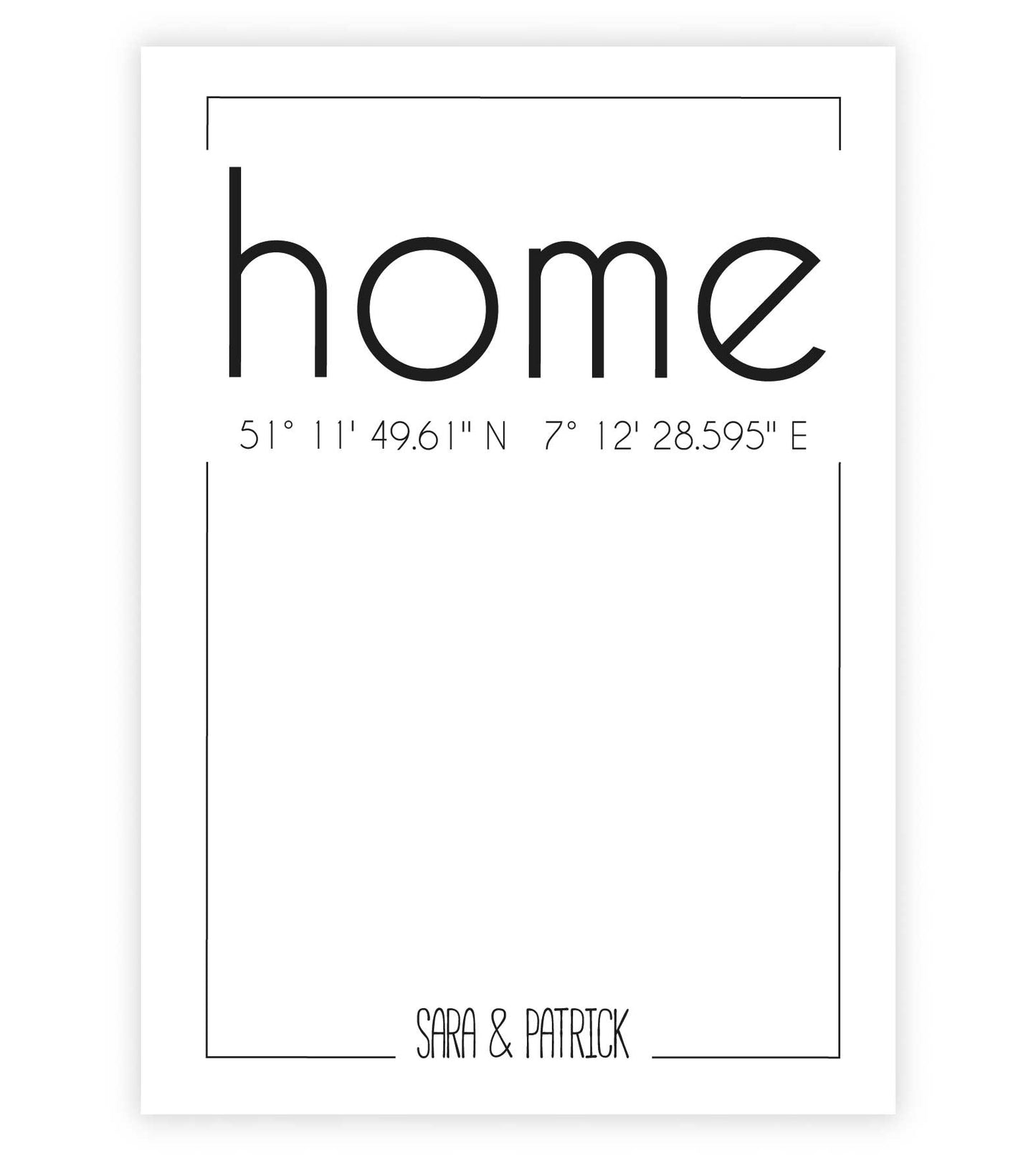 Personalisiertes Koordinaten Bild “HOME”, “FAMILIE”, “LEBEN” oder “ZUHAUSE”, Bildfarbe: Weiß, Bildgröße: 13x18cm, DIN A4, DIN A3, Bilderrahmen: Ohne Bilderrahmen, Copyright: 321geschenke.de