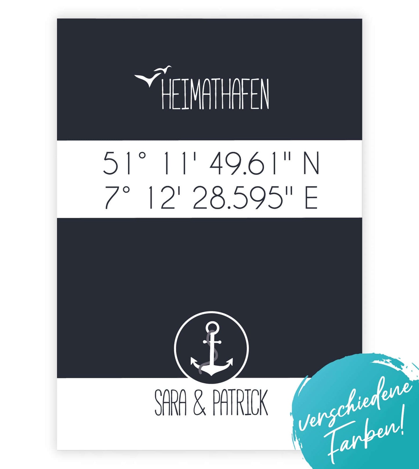Personalisiertes Koordinaten Bild “HEIMATHAFEN” mit Anker, Bildfarbe: Anthrazit/Schwarz, Grau, Maritime/Blau, Bildgröße: 13x18cm, DIN A4, DIN A3, Bilderrahmen: Ohne Bilderrahmen, Bilderrahmen weiß ohne Passepartout, Bilderrahmen schwarz ohne Passepartout, Bilderrahmen weiß mit Passepartout, Bilderrahmen schwarz mit Passepartout, Copyright:321geschenke.de