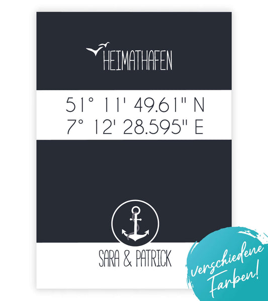 Personalisiertes Koordinaten Bild “HEIMATHAFEN” mit Anker, Bildfarbe: Anthrazit/Schwarz, Grau, Maritime/Blau, Bildgröße: 13x18cm, DIN A4, DIN A3, Bilderrahmen: Ohne Bilderrahmen, Bilderrahmen weiß ohne Passepartout, Bilderrahmen schwarz ohne Passepartout, Bilderrahmen weiß mit Passepartout, Bilderrahmen schwarz mit Passepartout, Copyright:321geschenke.de